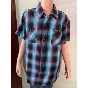Dixxon Youth Division Shreddy Bamboo Plaid Short Sleeve Shirt Blue Black Sz M